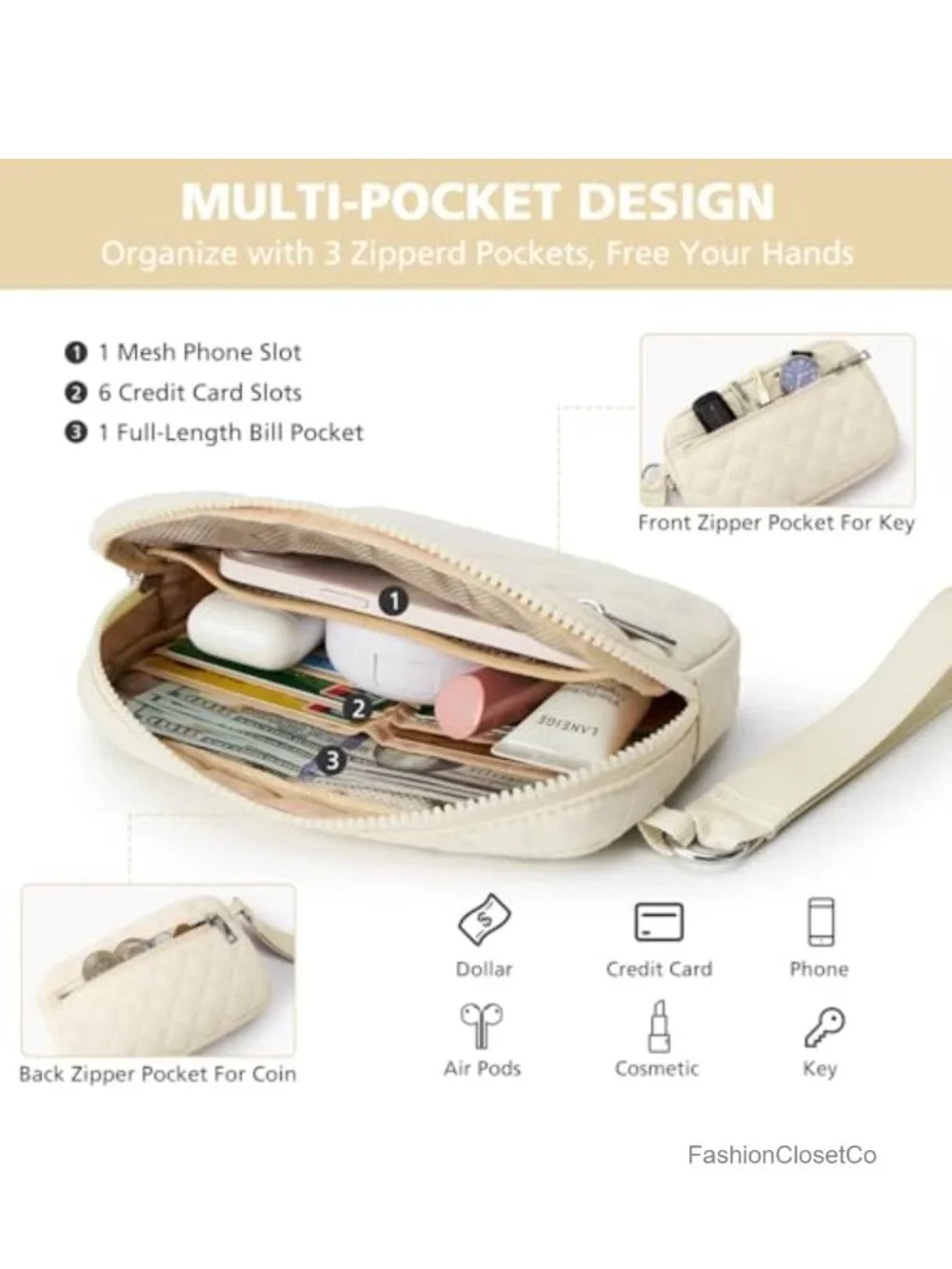 Quilted Nylon RFID Wristlet Wallet 3-Zip Clutch for Travel Phone